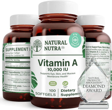 Natural Nutra Vitamin A 10,000 Iu, Dietary Supplement From Cod Liver Oil, Extra Strength For Eye, Skin, Nails Health With Omega 3, Gluten Free 100 Softgels