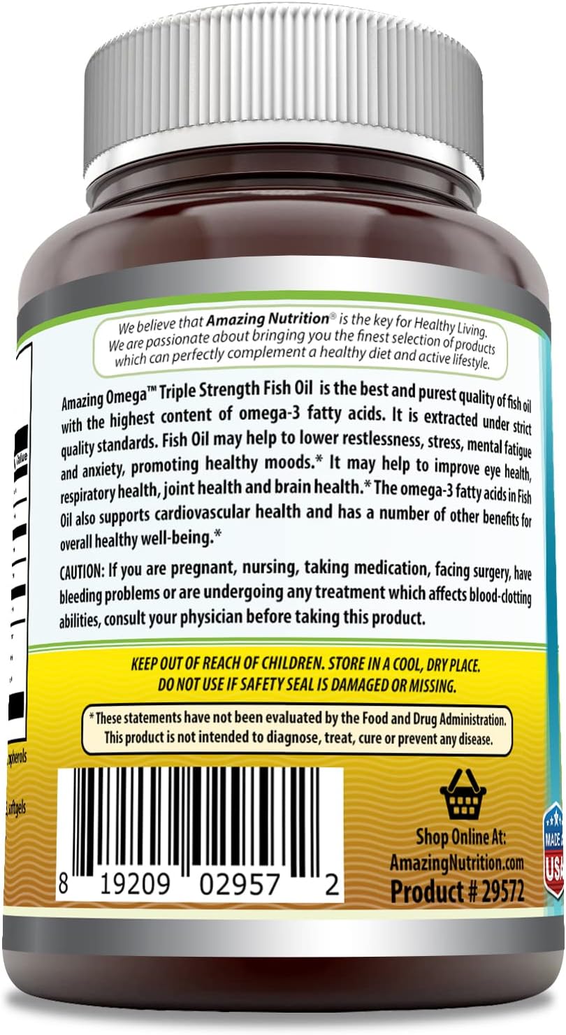 Amazing Omega Triple Strength Fish Oil 1360 Mg Softgels Supplement | Non-GMO | Gluten Free (Lemon avor, 60 Count)