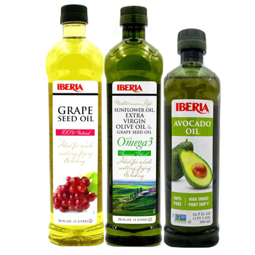 Iberia 100% Pure Avocado Oil, 16.9 fl oz + Iberia All Natural Grapeseed Oil, 34 fl. oz. + Iberia Mediterranean Style Omega 3 Cooking Oil, 34 fl oz : Grocery & Gourmet Food