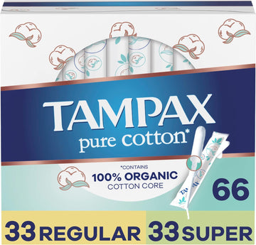 Tampax Pure Cotton Tampons, Contains 100% Organic Cotton Core, Regular/Super Absorbency, Unscented, 22 Count X 3 Packs (66 Count Total)