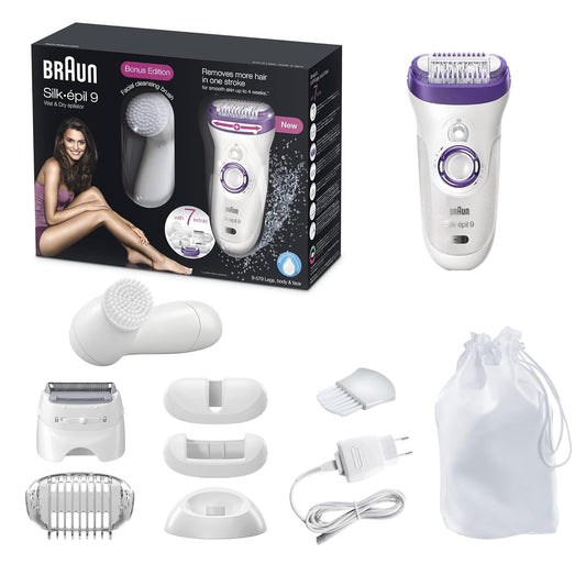 Braun Epilator Silk-Epil 9 9-579, Facial Hair Removal For Women, Facial Cleansing Brush, Womens Shaver, Wet & Dry, Cordless And 7 Extras