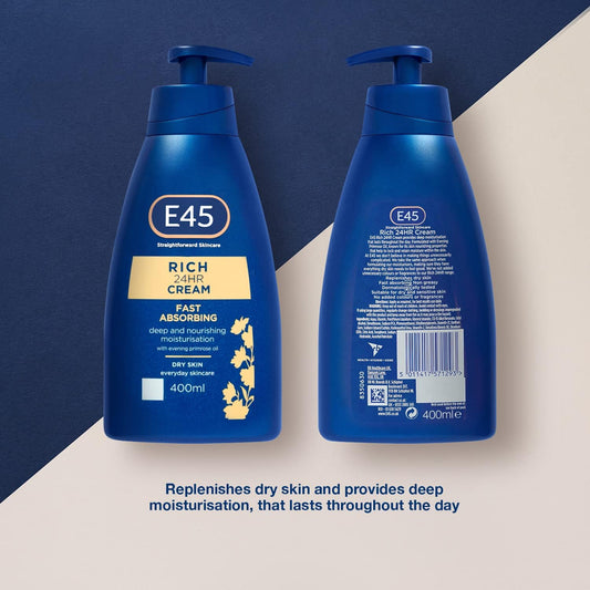 E45 Rich Cream 400 ml – E45 Cream with Evening Primrose Oil – Body Face Hand Cream for Long-Lasting Moisturisation and Soft Skin – Suitable for All Skin Types, even for Dry and Sensitive Skin