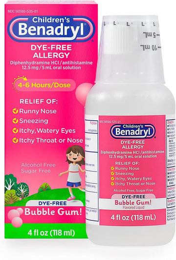 Benadryl Children's Dye-Free Allergy Liquid, Diphenhydramine HCl, Bubble Gum, 4 fl. oz