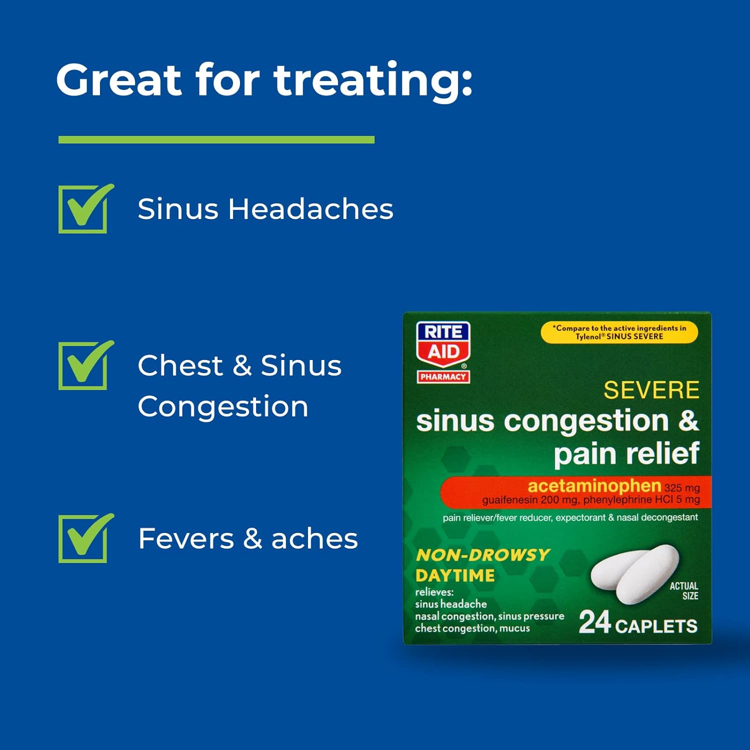 Rite Aid Daytime Severe Sinus Congestion & Pain Relief - Acetaminophen, 325 mg - 24 Caplets | Multi-Symptom Non-Drowsy | Relief | Cold and Flu | Cold & Sinus Medicine for Adults : Health & Household