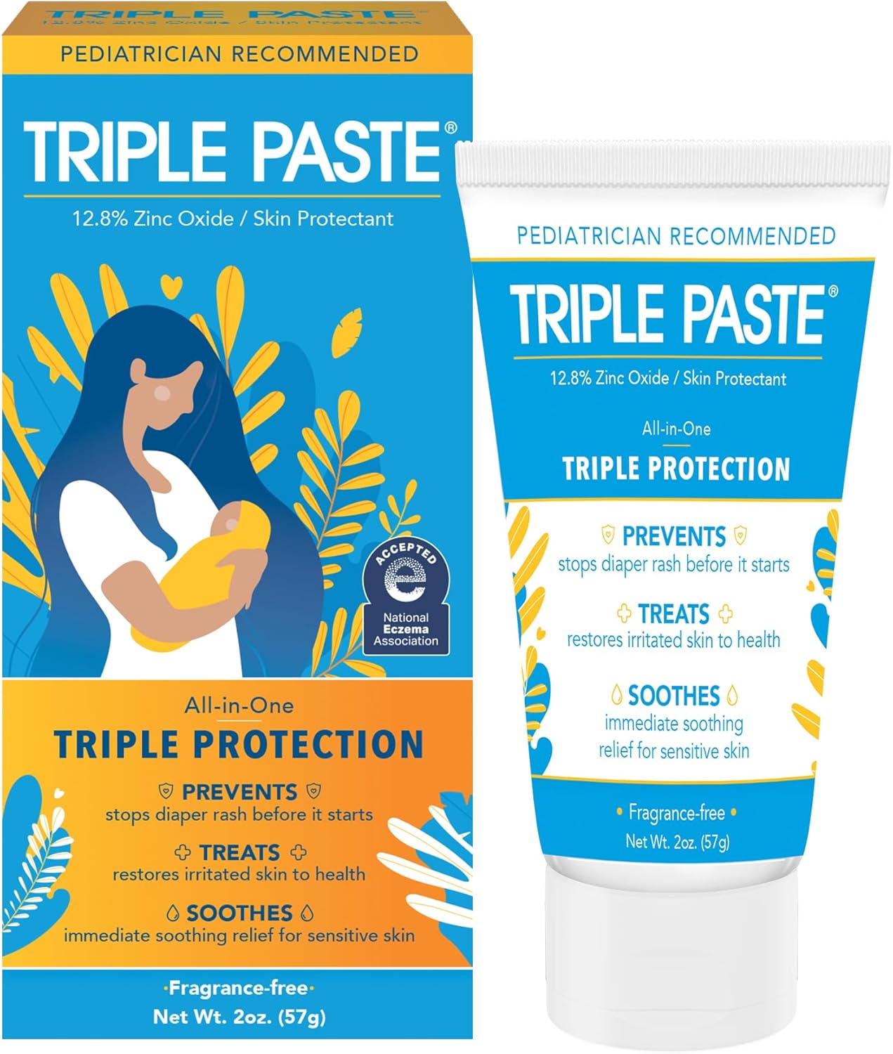 Triple Paste Diaper Rash Cream For Baby - 2 Oz Tube - Zinc Oxide Ointment Treats, Soothes And Prevents Diaper Rash - Pediatrician-Recommended Hypoallergenic Formula With Soothing Botanicals