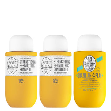 Sol De Janeiro Mini 4 Play Moisturizing Shower Cream Gel Body Wash + Brazilian Joia Damage Repairing Shampoo And Conditioner Set