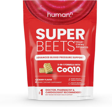 Humann Superbeets Heart Chews Advanced - 100Mg Of Coq10 Plus Beetroot & Grape Seed Extract, 60 Count