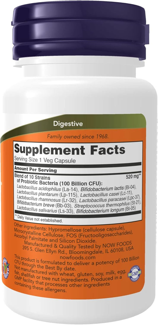 NOW Supplements, Probiotic-10™, 100 Billion, with 10 Probiotic Strains,Dairy, Soy and Gluten Free, Strain Verified, 30 Veg Capsules