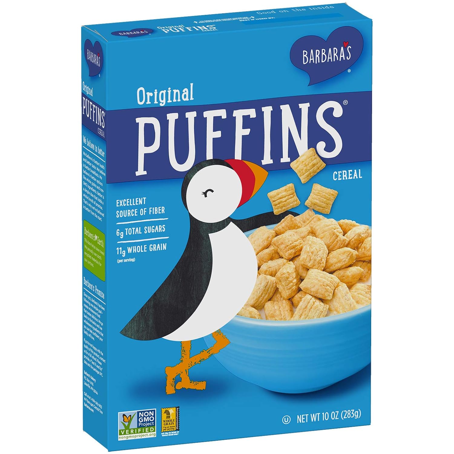 Barbara's Original Puffins Cereal, Puffed Kids Cereal with Corn and Oats, Vegan, Kosher, Non-GMO Project Verified, 10 OZ Box (Pack of 6)