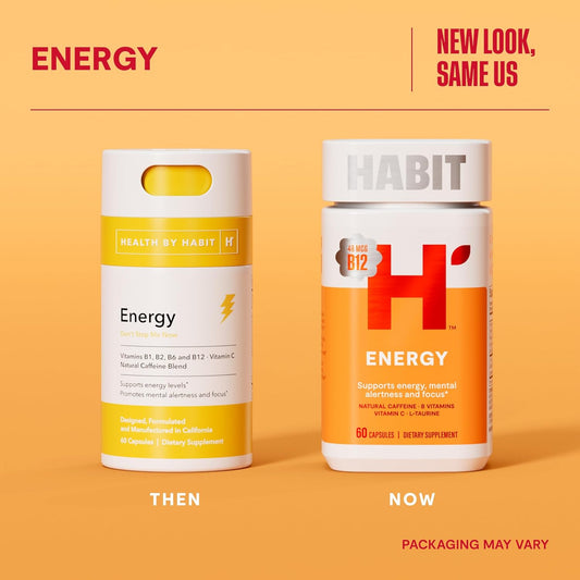 Habit Energy Supplement (60 Capsules) - New Look, Supports Energy, Alertness And Focus, Natural Caffeine, Vitamins B & C, Green Tea Extract, Vegan, Non-Gmo (1 Pack)