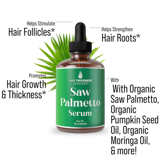 Saw Palmetto Serum For Hair Growth: Rosemary, Peppermint, Pumpkin Seed Oils. Vegan Thickening, Moisturizing, Strengthening Treatment For Women, Men - Weak, Dry, Frizzy Hair - 1Oz