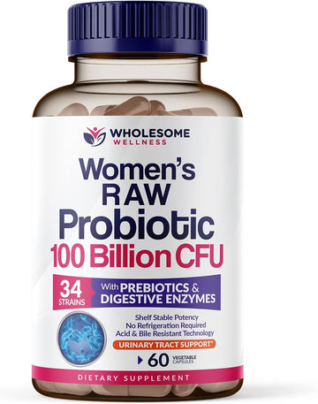 Wholesome Wellness Dr. Formulated Raw Probiotics For Women 100 Billion Cfus Capsules With Prebiotics, Digestive Enzymes, Approved For Adults, Shelf Stable Supplement