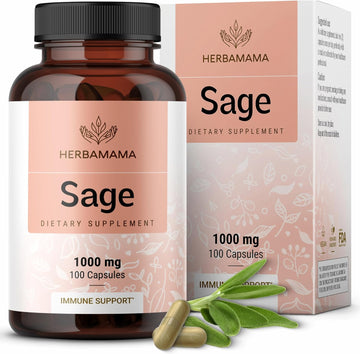 Herbamama Sage Capsules - 1000Mg, 100 Capsules - Organic Salvia Officinalis Supplement Promoting Brain Function, Immunity & Digestive Wellness - Vegan, Non-Gmo Sage Leaf Extract