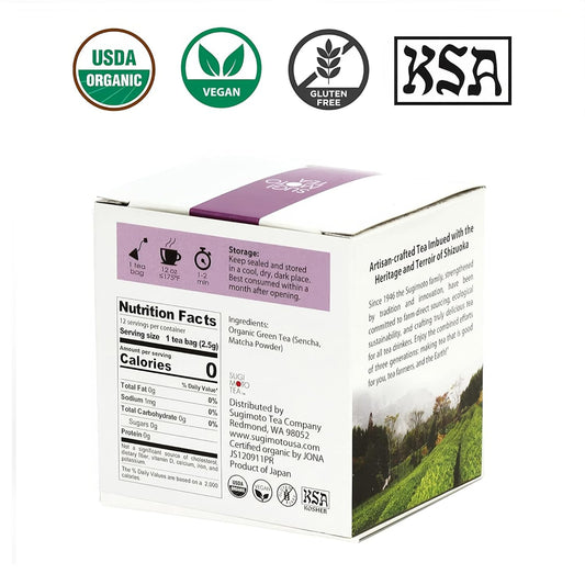 Sugimoto Tea Japanese Organic Matcha Sencha Green Tea Bags 12 Count Pack Of 1