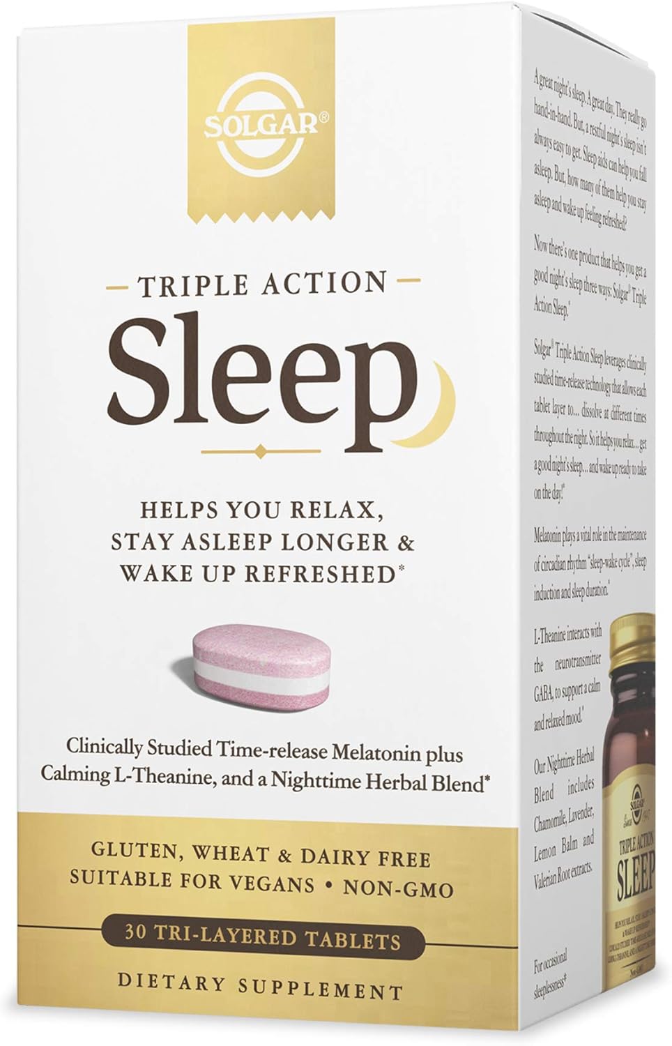 Solgar Triple Action Sleep, 30 Tri-Layer Tablets - Time-Release Melatonin & L-Theanine Plus Herbal Blend - Helps You Relax, Fall Asleep Fast & Stay Asleep Longer - Non-Gmo, Gluten Free - 30 Servings