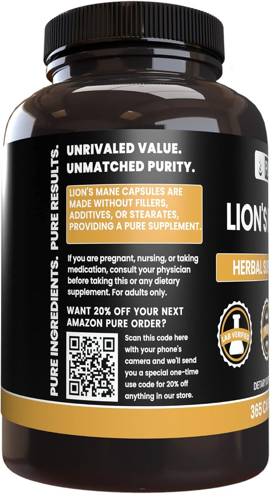 Pure Original Ingredients Lion'S Mane (365 Capsules) No Magnesium Or Rice Fillers, Always Pure, Lab Verified