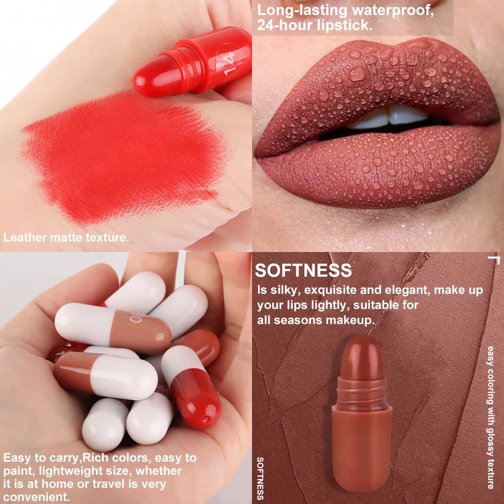 Evpct 18 Pcs Capsule Pills Lipstick Mini Matte Lipstick Set For Women Long Lasting Labiales Mate 24 Horas Originales Deep Red 24 Hours Waterproof Stay On Lip Liner Set Sampler : Beauty & Personal Care