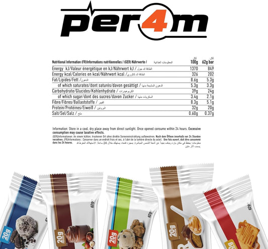 Per4M On-The-Go Protein Bar | High Protein, Low Sugar Bar With 20G Protein | Nutritional & Healthy Gym Snack Bar | Box Of 12 X 62G (Box, Caramel Biscuit)