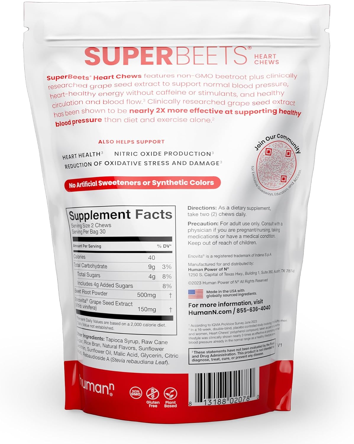 humanN SuperBeets Heart Chews - Nitric Oxide Production and Blood Pressure Support - Grape Seed Extract & Non-GMO Beet Energy Chews - Pomegranate Berry Flavor - 60 Count : Health & Household