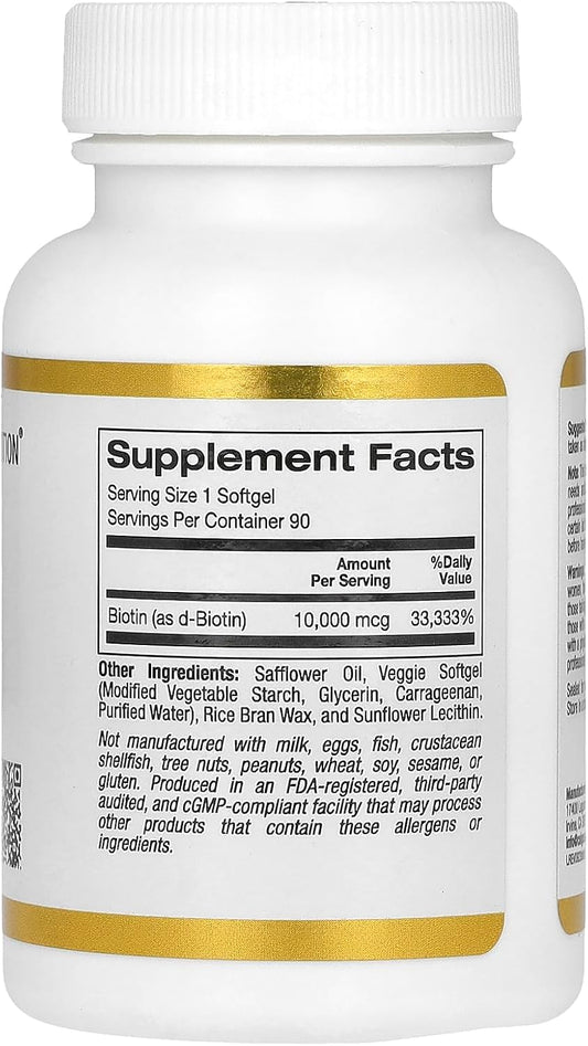 Biotin, 10,000 Mcg D-Biotin, For Healthy Hair, Nails & Skin, Non Gmo, Suitable For Vegetarians, Gluten Free, 90 Veggie Softgels