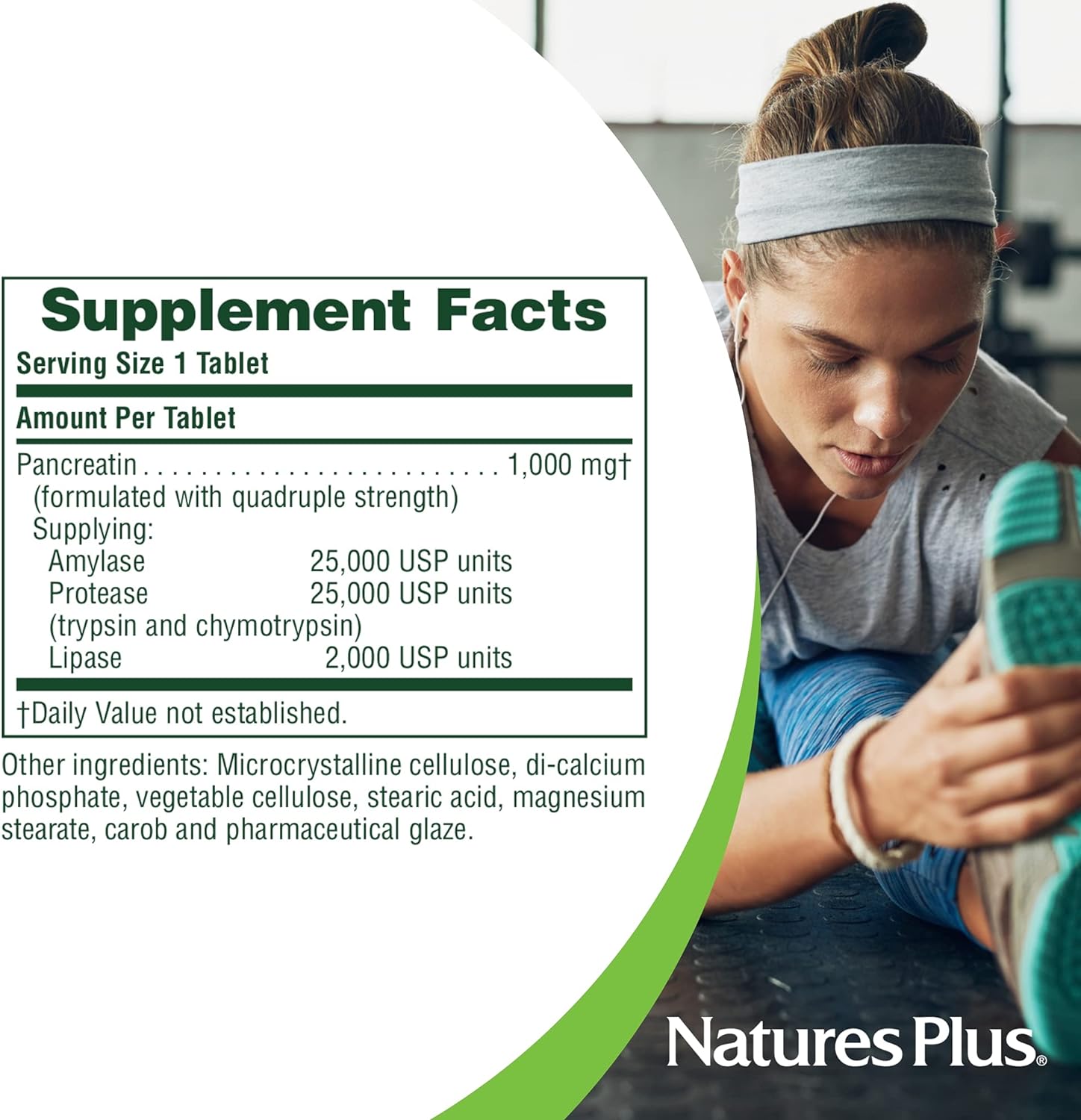 NaturesPlus Pancreatin - 1000 mg, 60 Tablets - Natural Digestive Enzyme Supplement for Gastrointestinal Support - Contains Amylase, Protease & Lipase - Gluten-Free - 60 Servings