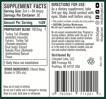 LIFE CYKEL Turkey Tail Mushroom Liquid Extract w/Kakadu Plum- 100% Organic Turkey Tail Mushrooms-Immune Support Supplement Immune Defense Antioxidants Vitamin C Made in US, 2 Fl oz(Packaging May Vary) : Health & Household