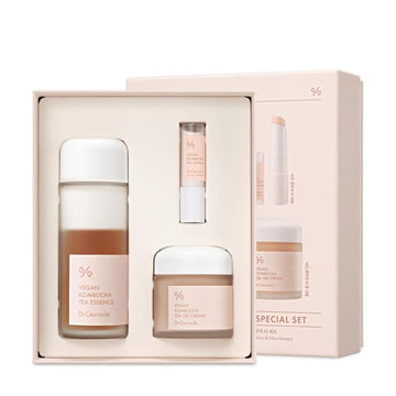 Dr.Ceuracle By Leegeehaam Vegan Kombucha Tea Special Set - Korean Hydrating And Nourishing Skincare Gift Set Included Essence, Gel Cream, Lip Balm