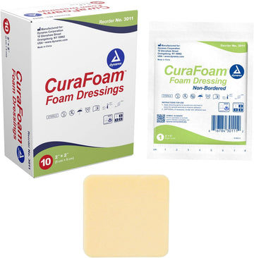 Dynarex 3011 Curafoam Foam Dressing, Non-Bordered, Sterile, Provides Cushioned And Moist Wound Care, 2" X 2", Pack Of 10