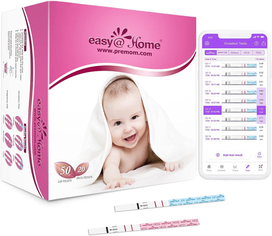 Easy@Home 50 Ovulation Test Strips and 20 Pregnancy Test Strips Combo Kit, (50 LH + 20 HCG) + Premom Fertility Lubricant 2 Fl Oz
