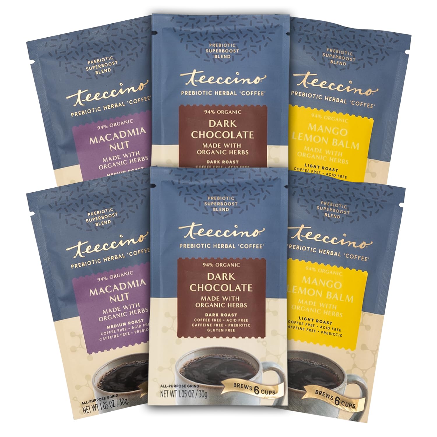 Teeccino Prebiotic SuperBoost? Herbal Coffee Sampler - 6 Trial-Size Packets - Dark Chocolate, Mango Lemon Balm, Macadamia Nut - Prebiotic, Caffeine-Free, Ground Coffee Alternatives for Good Gut Health