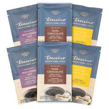 Teeccino Prebiotic SuperBoost? Herbal Coffee Sampler - 6 Trial-Size Packets - Dark Chocolate, Mango Lemon Balm, Macadamia Nut - Prebiotic, Caffeine-Free, Ground Coffee Alternatives for Good Gut Health