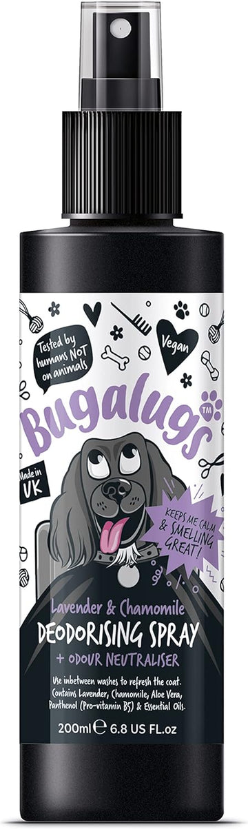 BUGALUGS Lavender & Chamomile Dog perfume dog spray with spray pump, Vegan dog cologne is a dog deodoriser spray. dog perfume spray dog deodorant use with our Dog Shampoo groom (200ml)5056176297381