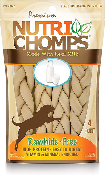 Nutrichomps Dog Chews, 6-Inch Braids, Easy To Digest, Long Lasting, Rawhide-Free Dog Treats, Healthy, 4 Count, Real Milk Flavor