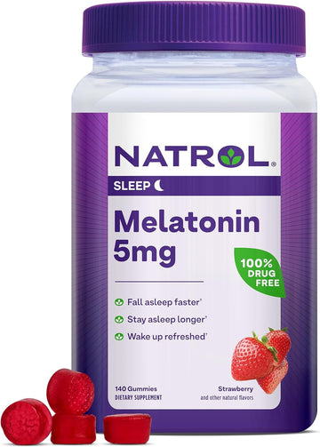 Natrol 5Mg Melatonin Gummies, Sleep Support For Adults, Melatonin Supplements For Sleeping, 140 Strawberry-Flavored Gummies, 70 Day Supply