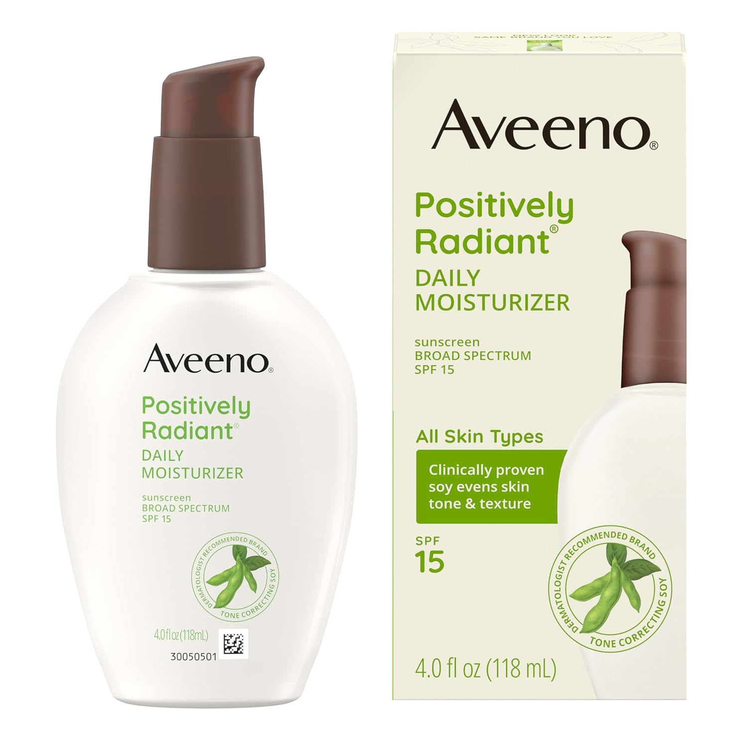 Aveeno Positively Radiant Daily Face Moisturizer With Spf 15 Sunscreen, Hydrating Facial Moisturizer With Soy Extract To Improve Skin Tone And Texture, Hypoallergenic Formula, Oil-Free, 4 Fl Oz