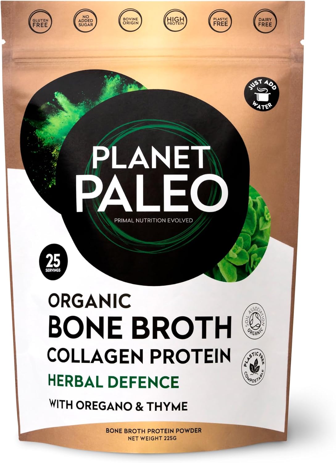 Planet Paleo Organic Bone Broth Collagen Protein Powder (225G, 25 Servings) Herbal Defence With Oregano & Thyme, Grass-Fed, Keto, Low Carb, High Protein Drink Or Add To Soups & Savoury Recipes