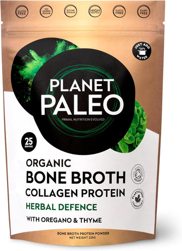 Planet Paleo Organic Bone Broth Collagen Protein Powder (225G, 25 Servings) Herbal Defence With Oregano & Thyme, Grass-Fed, Keto, Low Carb, High Protein Drink Or Add To Soups & Savoury Recipes