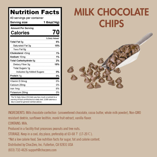 Choczero Milk Chocolate Chips - No Sugar Added, Low Carb, Keto Friendly, Gluten Free - 20 Ounce Bulk Bag For Baking Keto Diet Cookies And Dessert