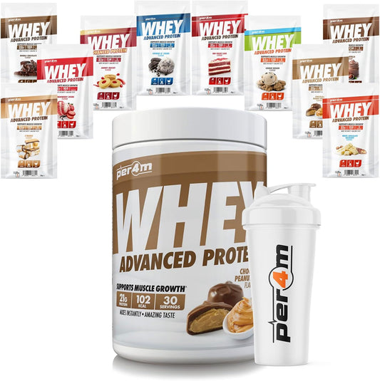 Per4M Advanced Whey Protein Powder | 30 Serving Low Sugar Protein Shake With Amino Acids | Perfect For Your Gym Bag And Travel | Shaker & 5 Mixed Selection Sachets (900G, Strawberry Creme)