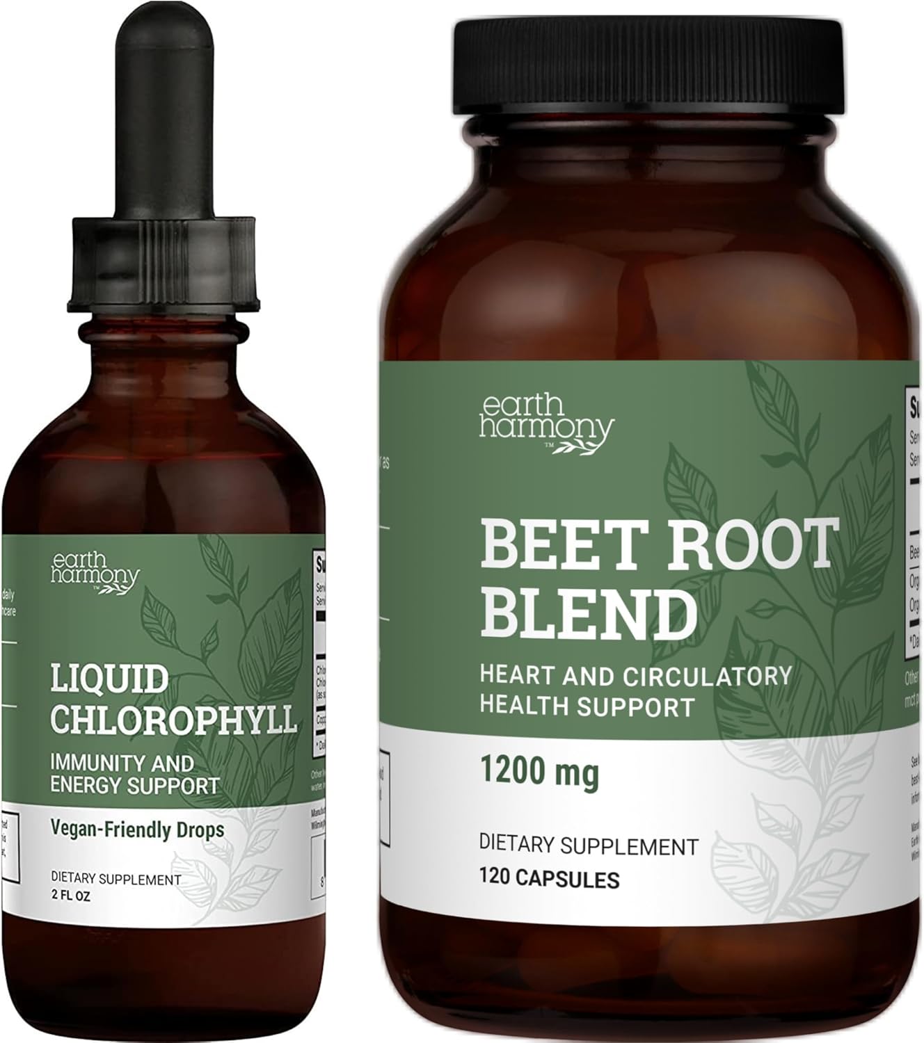 Earth Harmony Liquid Chlorophyll & Beet Root Powder & Juice Blend - 2 Fl Oz & 120 Capsules