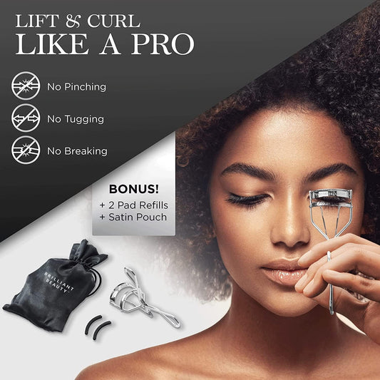 Brilliant Beauty Eyelash Curler With Satin Bag And Refill Pads - Award Winning - No Pinching, Just Dramatically Curled Eyelashes And Lash Line In Seconds - Get Gorgeous Eye Lashes Now (Platinum)