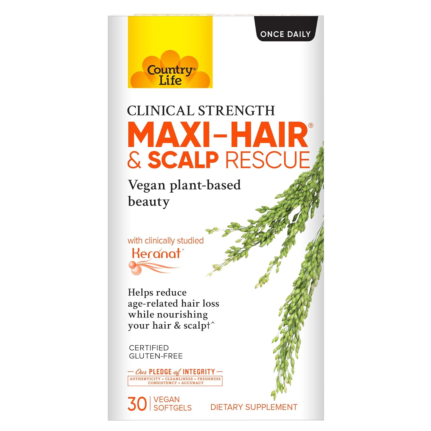 Country Life Maxi-Hair & Scalp Rescue, Clinical Strength, Vegan Plant-Based Beauty, 30 Vegan Softgels, Certified Gluten Free, Certified Vegan