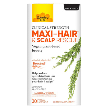 Country Life Maxi-Hair & Scalp Rescue, Clinical Strength, Vegan Plant-Based Beauty, 30 Vegan Softgels, Certified Gluten Free, Certified Vegan