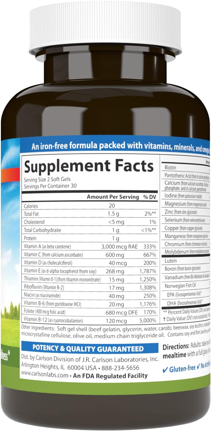 Carlson - Super 2 Daily, Multi + Omega-3s + Lutein + D3, Heart & Vision Health, Optimal Wellness, Daily Multivitamin with Omega-3s and Lutein, 60 Softgels