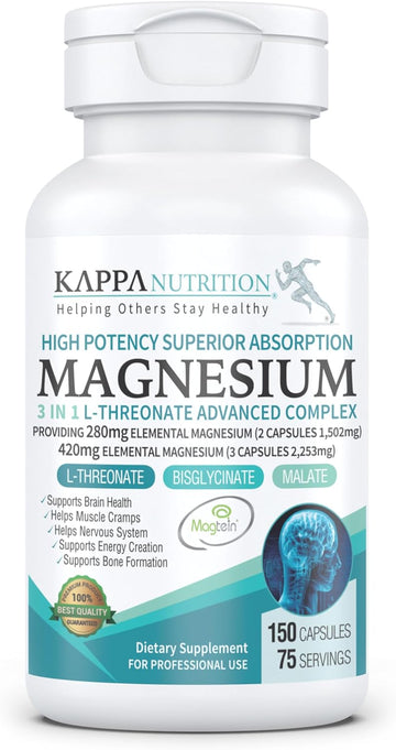 (150 Capsules), 2,253mg Per Serving, Providing 420mg Elemental Magnesium, L-Threonate, Bisglycinate Chelate, Malate, for Brain, Sleep, Stress, Cramps, Headaches, Energy, Heart from Kappa Nutrition