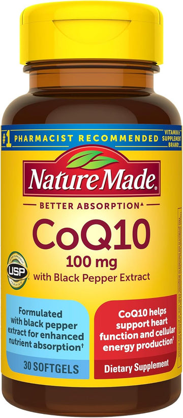 Nature Made Coq10 100Mg With Black Pepper Extract For Enhanced Nutrient Absorption, Dietary Supplement For Heart Health Support, 30 Softgels, 30 Day Supply