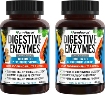 Farmhaven Digestive Enzymes With 18 Probiotics & Herbs | Papaya, Bromelain, Protease & More For Lactose Absorption & Better Digestion | Helps Bloating, Gas, Constipation | Vegetarian, 120 Capsules