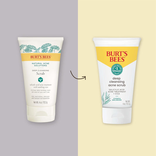 Burt’S Bees Clear And Balanced Deep Cleansing Acne Scrub, Salicylic Acid Acne Treatment With Cica, Facial Cream Exfoliator Helps Unclog Pores And Reduce Acne, 4 Oz