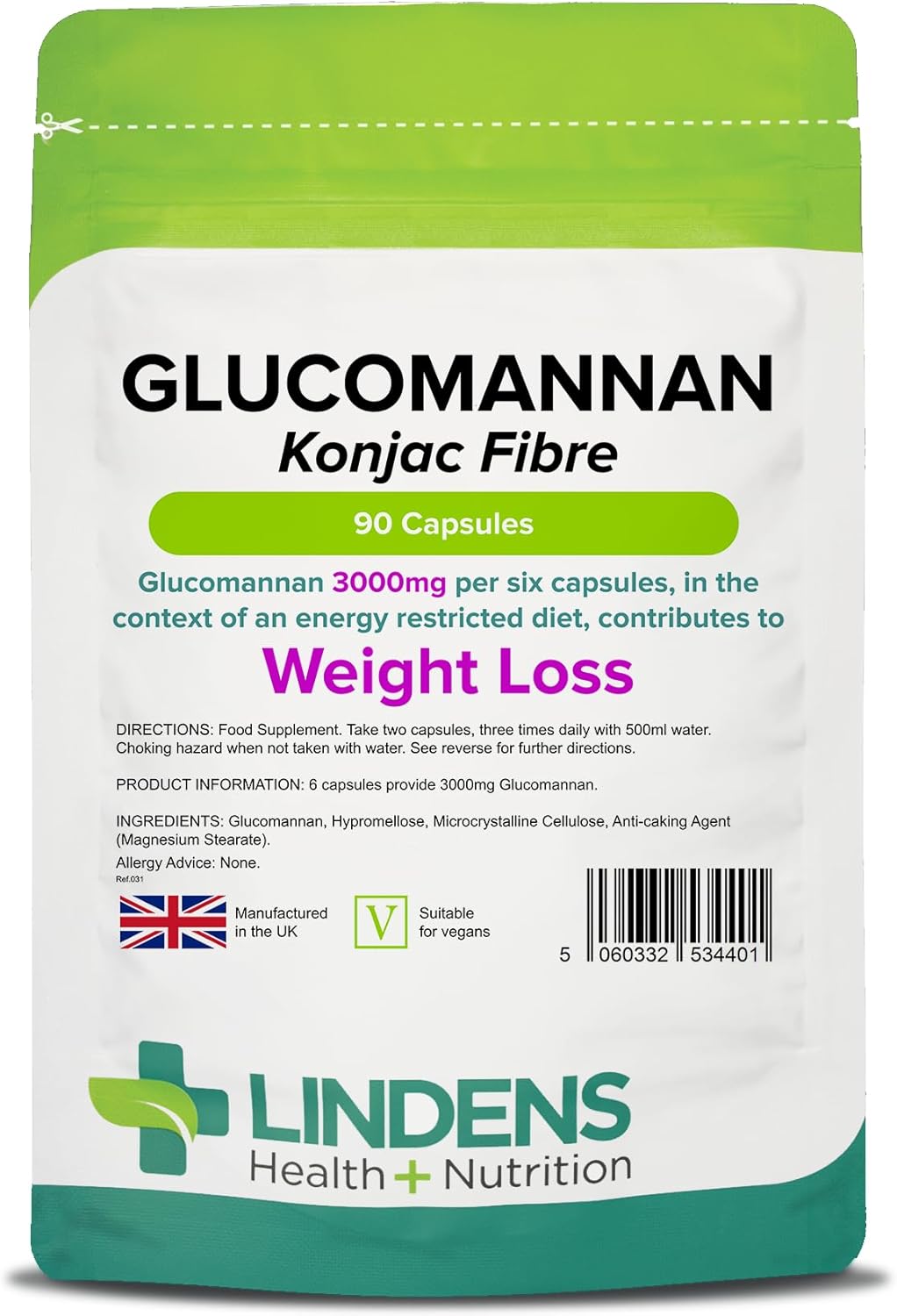 Lindens Glucomannan (Konjac Fibre) Capsules - 3,000Mg Per Serving - 90 Pack - Weight Loss Aid - Contributes Towards The Reduction Of Appetite - Weight Loss Supplement - Letterbox Friendly