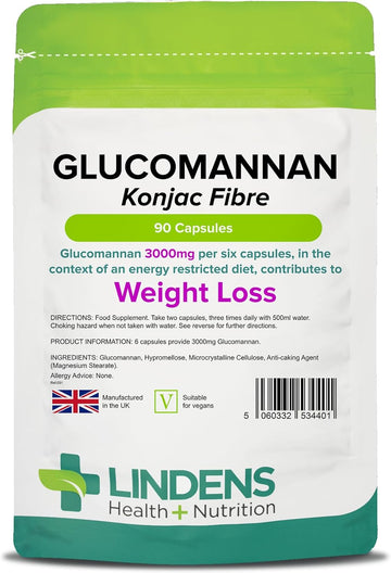 Lindens Glucomannan (Konjac Fibre) Capsules - 3,000Mg Per Serving - 90 Pack - Weight Loss Aid - Contributes Towards The Reduction Of Appetite - Weight Loss Supplement - Letterbox Friendly